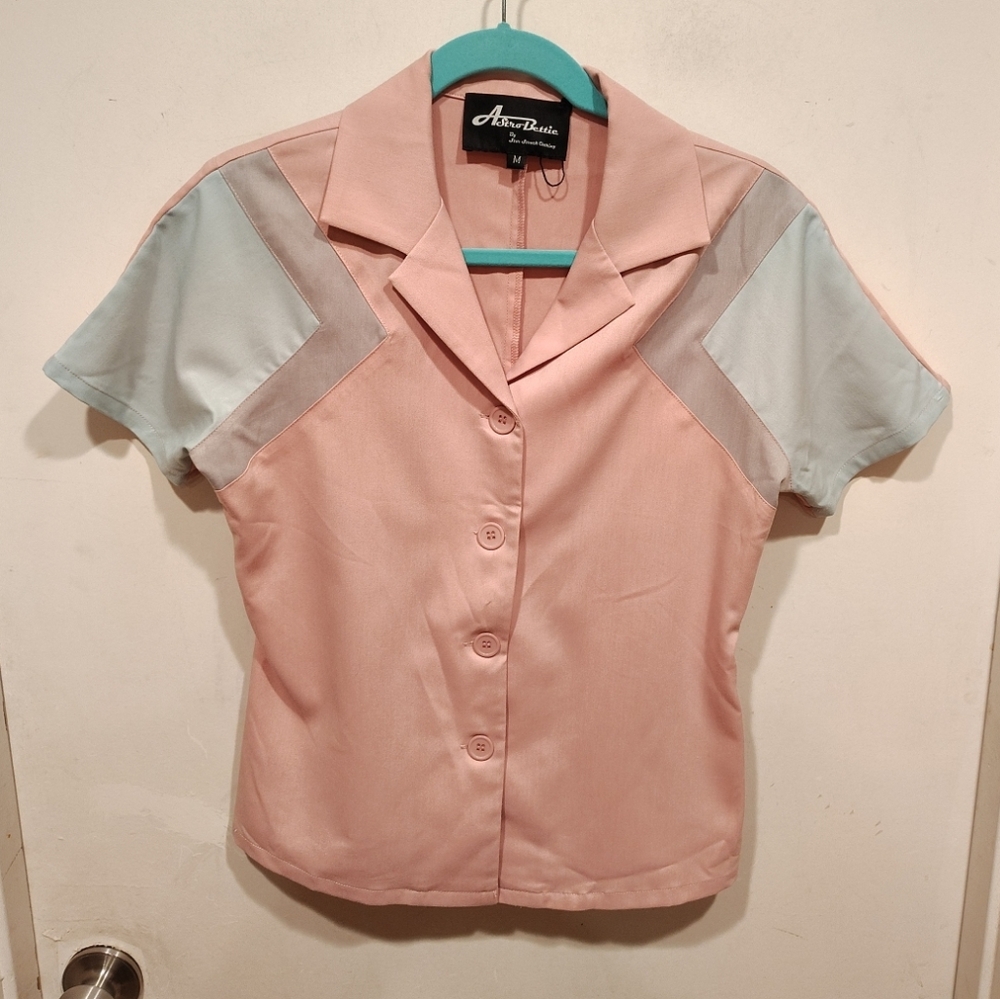 Astro Bettie 1940's Reproduction Tri-Tone Colorblock Work Blouse M Retro Bowling